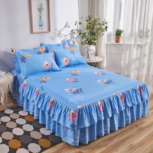 Blue Flower Printed Skirted Bedspreads with Fringe Blue Flower Printed Skirted Bedspreads with Fringe