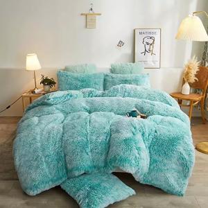 Faux Fur Aqua Long Plush Shaggy Duvet Cover Set