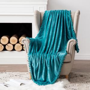 Flannel Blanket with Pompom Fringe Lightweight Cozy Bed Blanket 